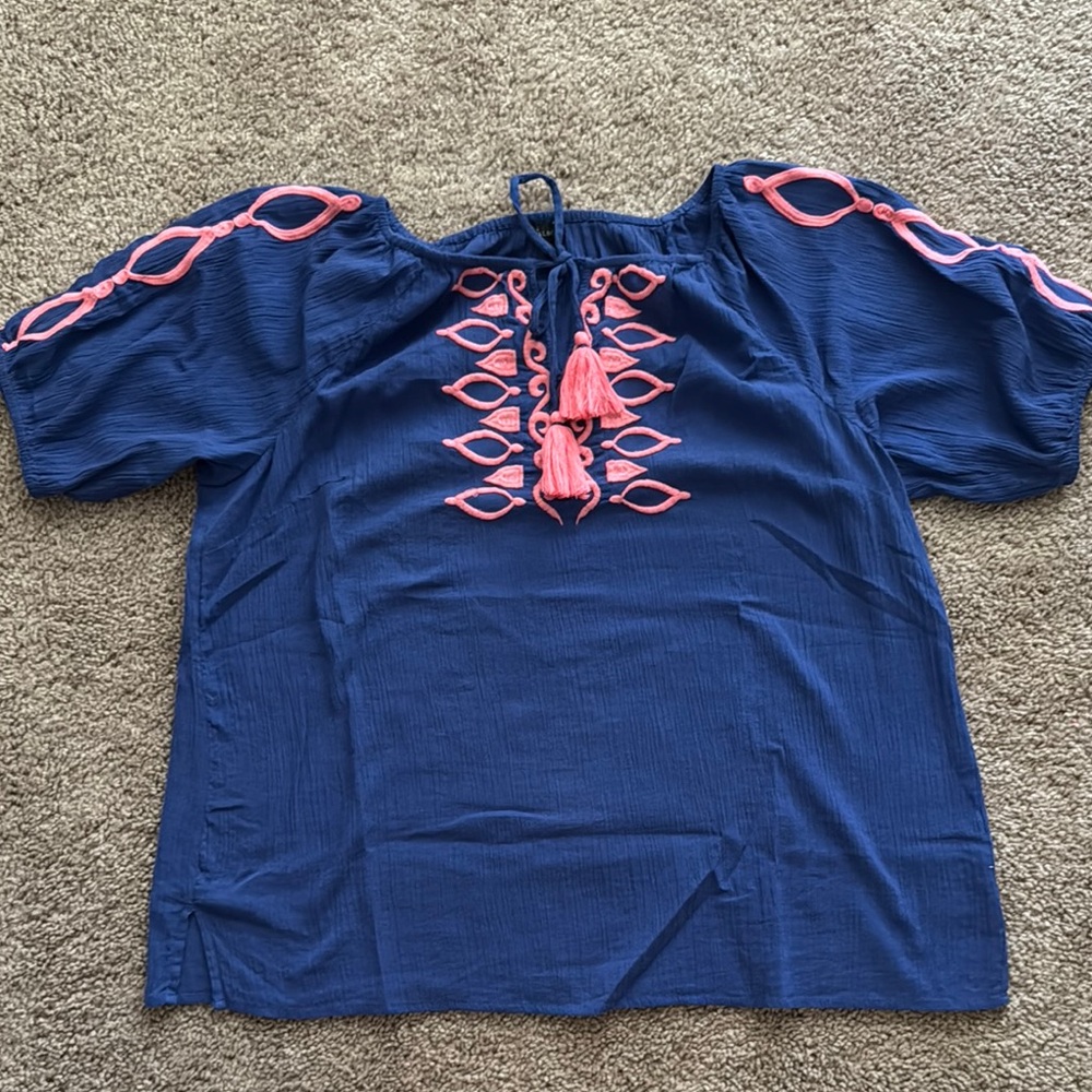 Talbots Blue and Pink Embellished Boxy Blouse